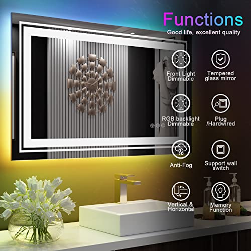 LED Mirror for Bathroom, 40"X32" with 8 RGB Backlit +3 Front Lit (Adjustable Individually), Anti-Fog, Lighted Bathroom Vanity Mirror for Wall, Shatterproof, Memory Function, Tempered Glass