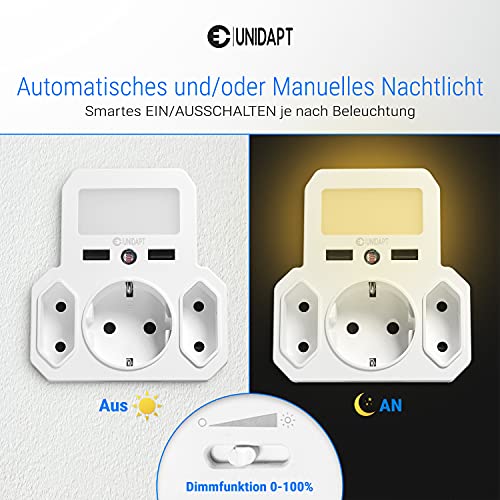 Unidapt Lampka nocna z gniazdkiem USB, funkcją ściemniania i czujnikiem zmierzchu Gniazdo wielokrotne 6 w 1 z 2 gniazdami USB, 3 gniazdami (2 gniazda Euro i 1 Schuko), kompatybilne z iPhonem,