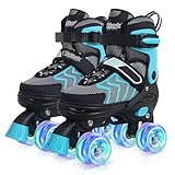 Kids Roller Skates for Girls, Teal Adjustable Rollerskates with Light Up Wheels for Teens Youth Ages 8-12 10 11 12, Beginners Outdoor Sports, Best Birthday Gift for Kids