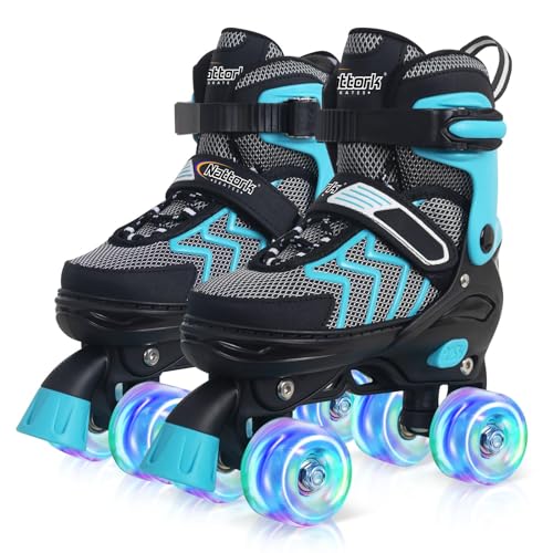 Kids Roller Skates for Girls, Teal Adjustable Rollerskates with Light Up Wheels for Big Kids Ages 6-12 7 8 9 10, Beginners Outdoor Sports, Best Birthday Gift for Kids