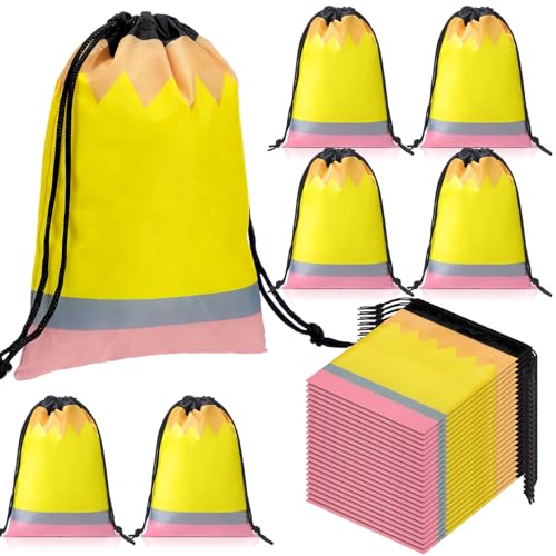 Sweetude 24 Pcs Back to School Gift Bags, Pencil Theme, 10 x 7 Inch