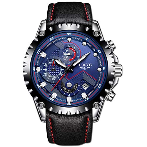LIGE Uhren Herren wasserdichte Sport Analog Quarzuhr Männer Casual Leder Schwarz Klassisch Armbanduhren