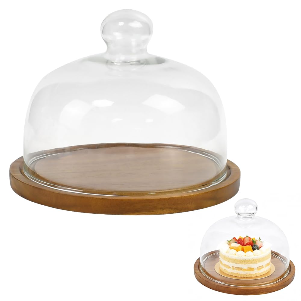 Käseglocke Glas mit Holztablett, Dtenlur Kuchenglocke Tortenplatte mit Holzboden, 17,8 cm Glasglocke Kuchenglocke Rund Kuchenhaube Deko Käseglocke für Kuchen Cupcakes Desserts Keks Obst Süßigkeiten