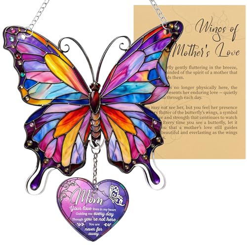 Memorial Gifts for Loss of Mom, Butterfly Mom Memorial Ornament, UV Printed Acrylic Suncatcher Ornament Faux Stained Glass, Remembrance Window Hangings, 6" x4,2 Butterfly Gifts for Women
