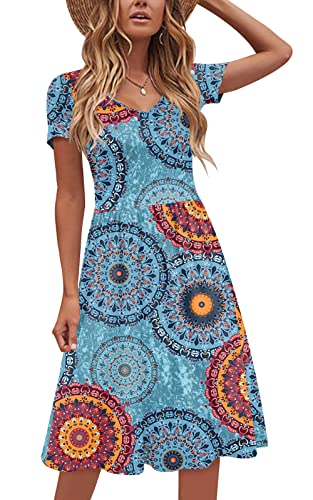 Image of DB MOON Women 2026 Casual Summer Dresses V Neck Short Sleeve Knee Length Dress with Pockets(Flower Mix Blue, S)