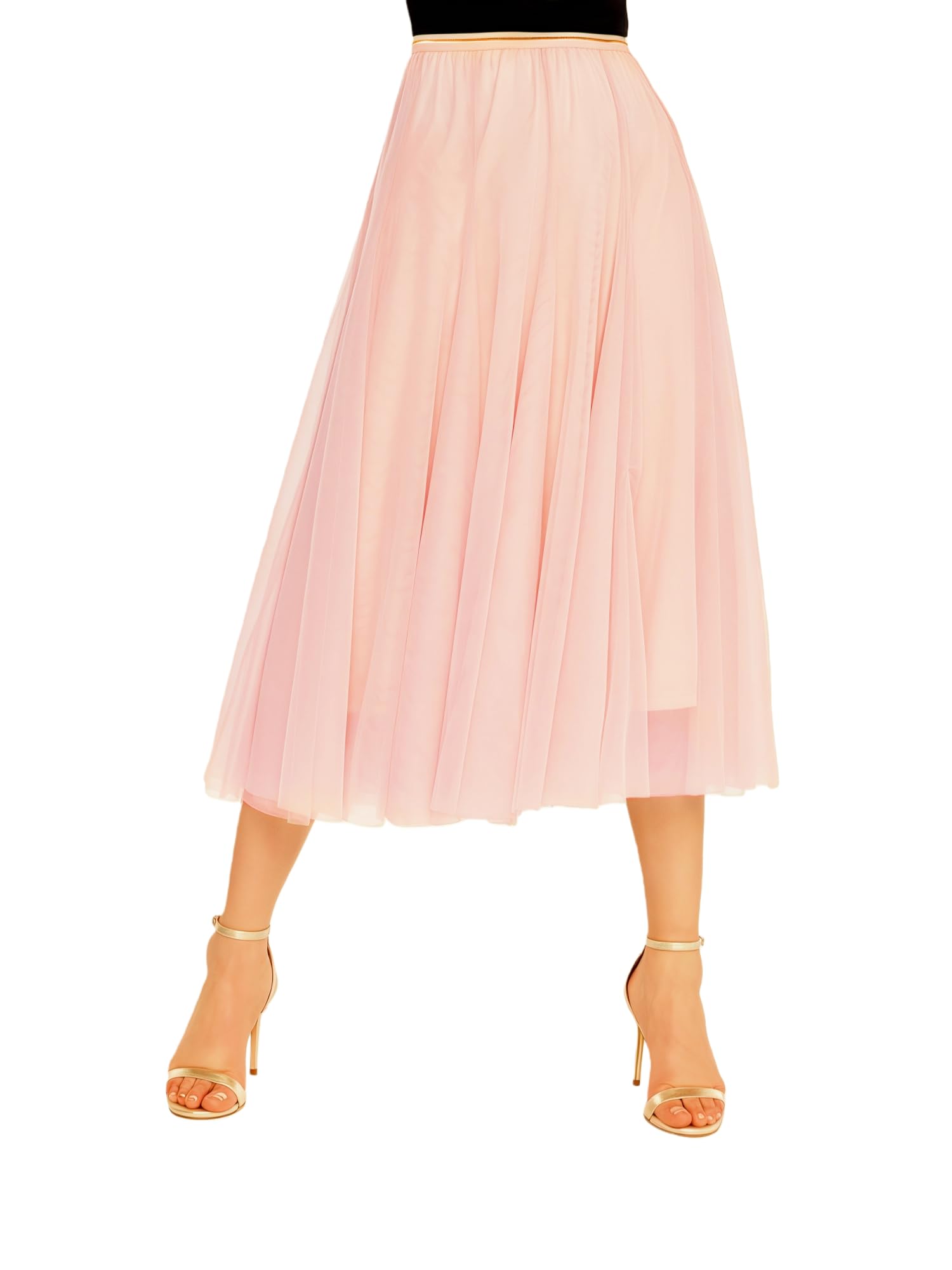 Jupe Tutu Mi Longue Femme en Voile à Couches Plissée avec Taille Contrastante