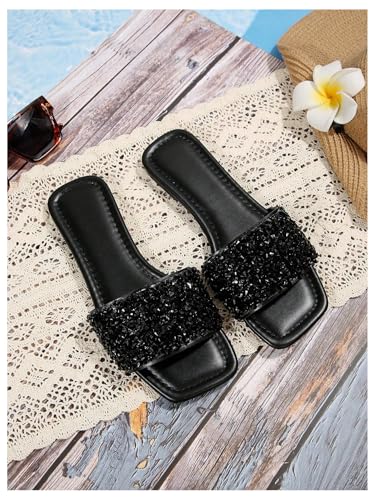 Image of GORGLITTER Women's Sparkly Jeweled Flat Sandals Dressy Open Toe Glitter Shiny Slippers Slip-on Shoes