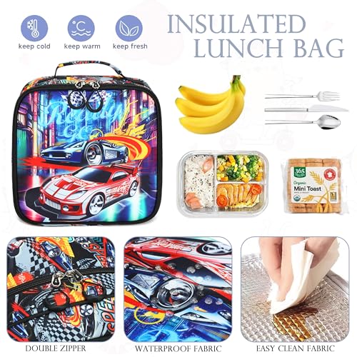 Backpack for Boys,Boy Backpacks Cartoon Prints Schoolbag for Kids Children Teens Elementary Primary Laptop School Bags, Waterproof Lightweight Toddler Bookbag Casual Daypack with Lunch Bag Set,Car4