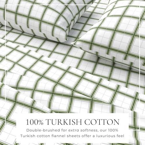 Image of Great Bay Home Flannel Sheets King Size - 100% Turkish Cotton, Double-Brushed, Plaid and Stripe Bed Sheet Set - Ultra-Soft, Cozy, 4-Piece Bedding Set (Block Plaid - Green /Grey)