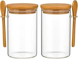 Kit 2 Potes 380ml de Vidro Borossilicato com Tampa Hermética e Colher de Bambu Recipientes para Temperos Açúcar Café Sal e Grãos Conjunto Tampa com Vedação de Silicone Linha Premium