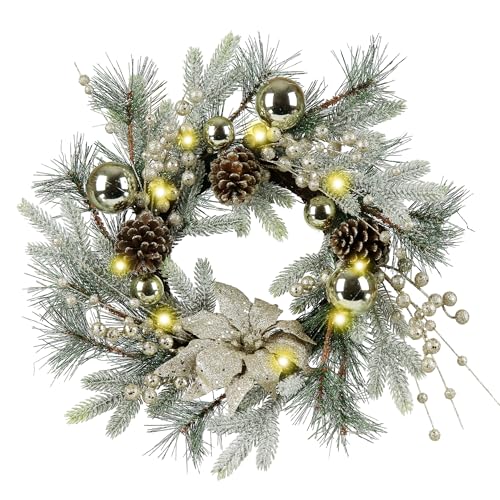 Zavothy Christmas Wreath 20 Inch Christmas Decorations Wreath with Lights,Balls,Pine Cones,Golden Berries,Pine Needle and Artificial Flower for Outdoor Indoor Christmas Decorations