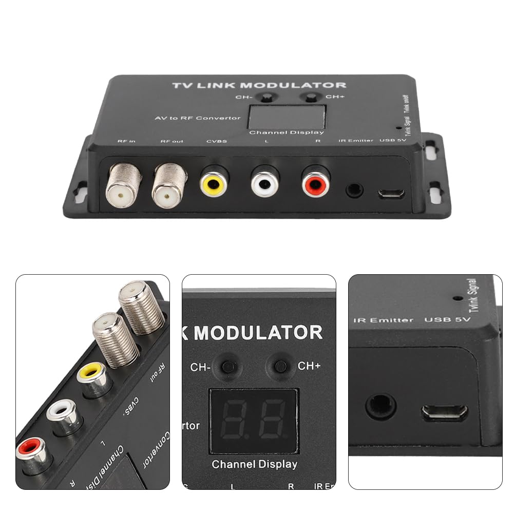 Joyzan UHF-Modulator, UHF-TV-LINK-Modulator, IR-Extender, AV-zu-HF-Konverter, Kanalanzeige mit USB-Ladekabel, Einstellbarer Audio-Video-Ausgangspegel für AV-Quelle