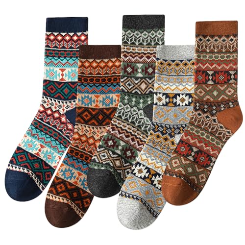 Image of IIG 3-5 Pairs Womens Vintage Cozy Crew Socks Soft Cute Neutral Cotton Socks Exquisite Patterns Socks Gift