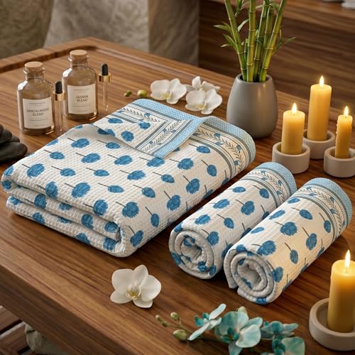 Image of Mafatlal Madhuban Soft Cotton Towel Set (1 Bath 147x76 cm + 2 Hand 76x38 cm) | 250 GSM | Absorbent, Waffle Weave | Regatta Color