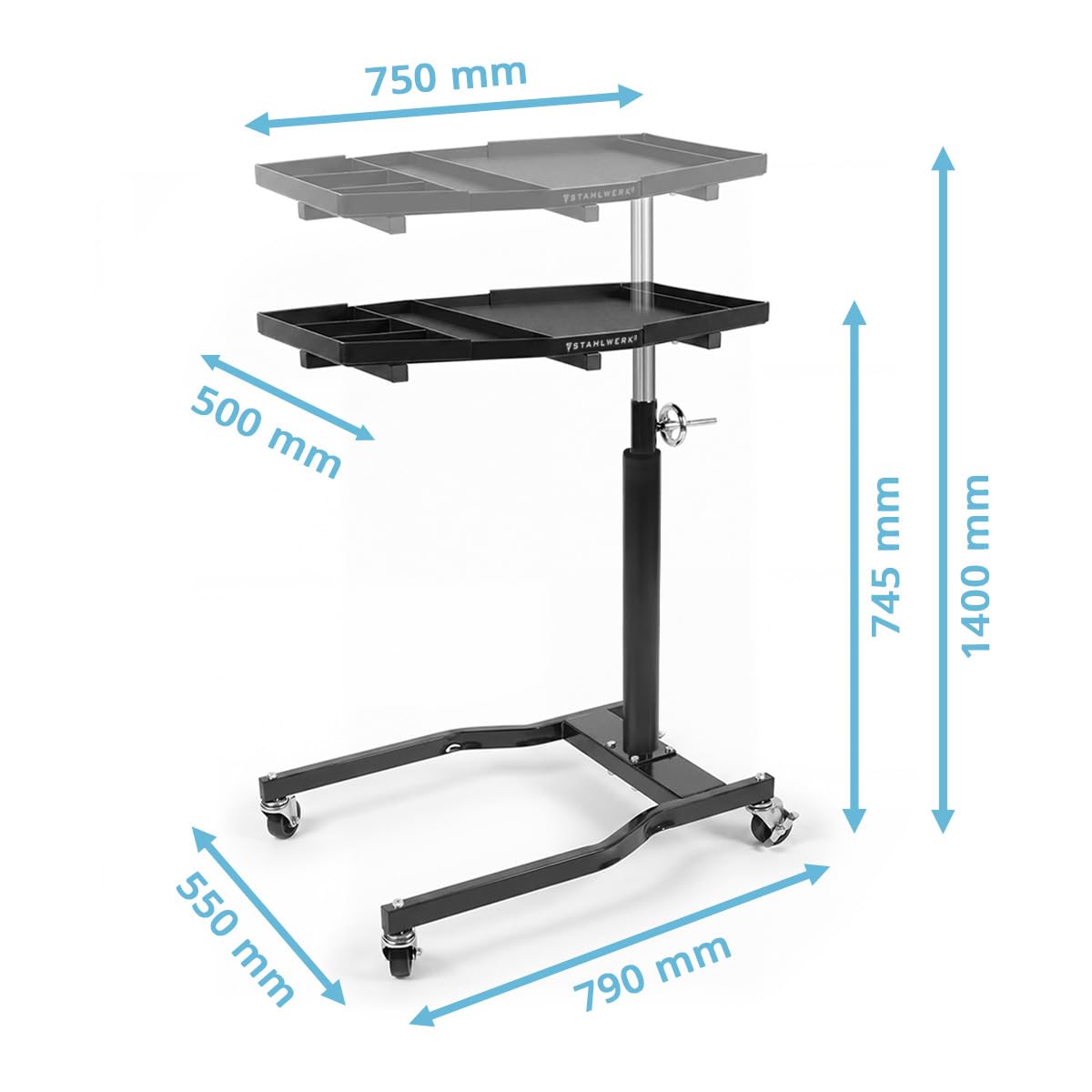 STAHLWERK Mesa de trabajo regulable en altura de 90 a 140 cm, capacidad de carga de 75 kg | Banco de trabajo móvil con 4 ruedas giratorias para garaje, taller y bricolaje
