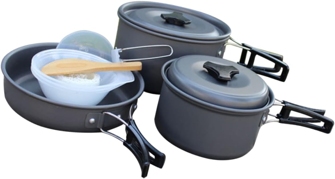 POPETPOP Person Compact Camping Cookware Set Folding Pot Pan Frying Soup Spoons Bowls Brush Mesh Bag