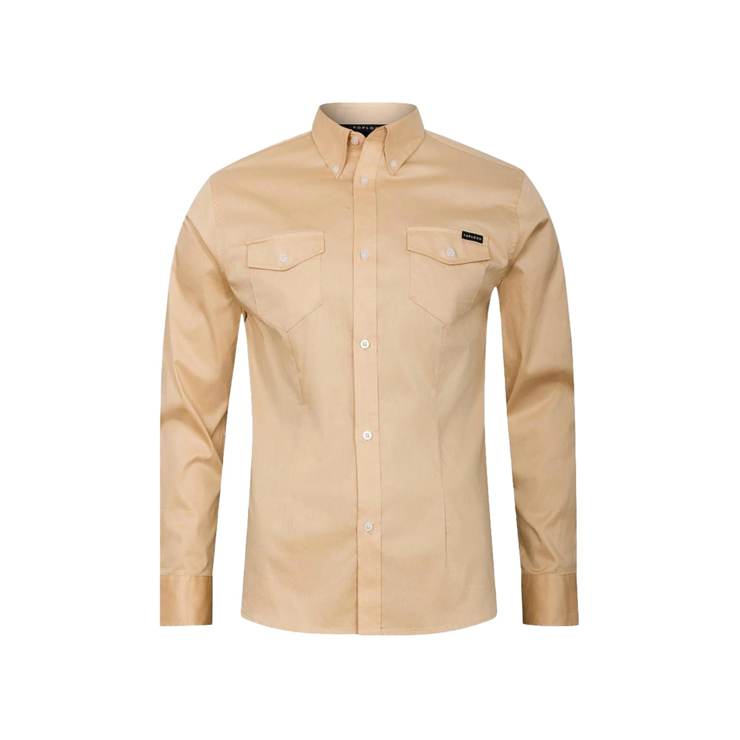 Quota Men's Classic Button-Through Shirt with Buttoned Collar, Chest Pocket, and Long Sleeves - Regular Fit (M, Cream)