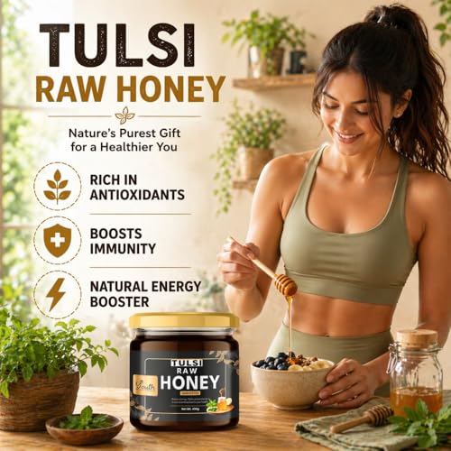 Image of Youth Natures Raw Tulsi Honey 400g | 100% Natural | Unprocessed | Unfiltered | Unheated | No Added Sugar | Rich in Antioxidants | Pure Holy Basil Honey | Glass Jar