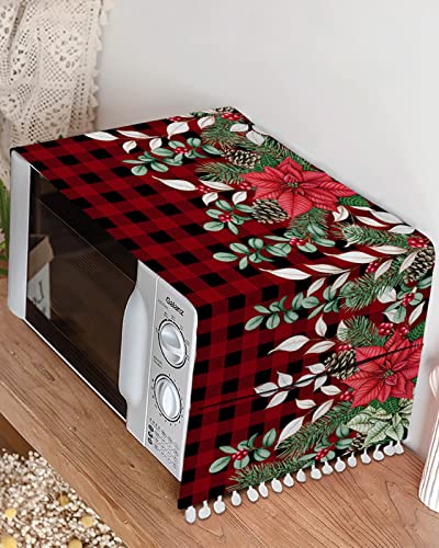 Fridge Dust Cover, Christmas Washing Machine Top Covers With 4 Storage Pockets, Xmas Eucalyptus Leaves Poinsettia Pine Cones Red Plaid Kitchen Refrigerator Covers Protector Storage Bags, 28" X 67" #TOP3