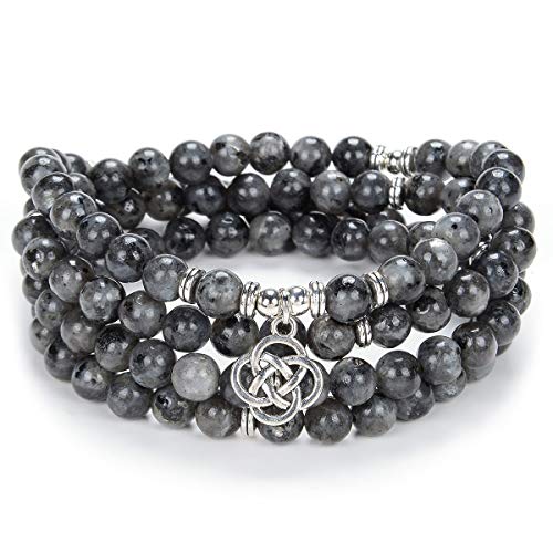 Idées cadeaux celtiques 108 perles de pierre mala bracelet collier en cristal avec noeud infini porte-bonheur (Labradorite noire (Black Labradorite))