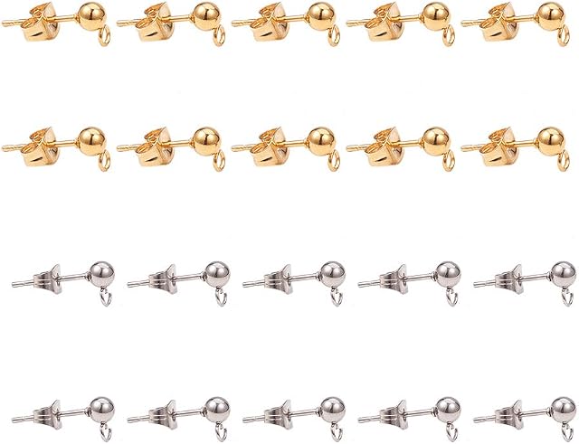 PandaHall 40pcs Ball Earring Studs for Jewellery Making, 304 Stainless Steel Earring Posts Earring Hook Loop with Earring Backs for Earring Making Charms, Golden and Silver Tone