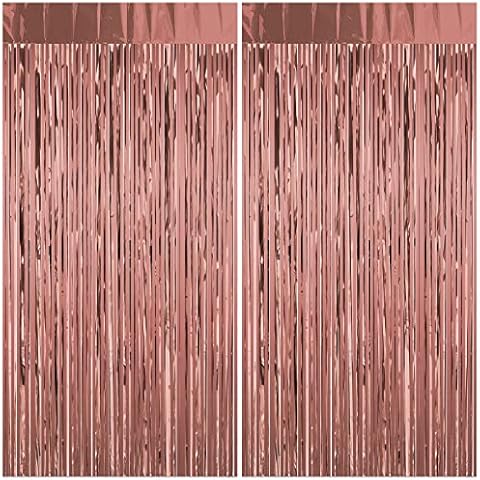 DAZAKA Lametta Vorhänge Rosegold 23 μm Verdicken, 2 Stück 1*2m Glitzer Folien Fransen Metallic Tinsel Lametta Vorhang für Party Deko, Geburtstag, Hochzeit Deko Cover