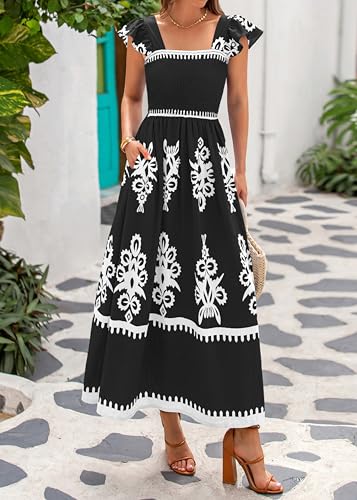BTFBM Summer Dresses for Women 2025 Floral Smocked Boho Sleeveless Square Neck A Line Casual Beach Maxi Dress Pockets