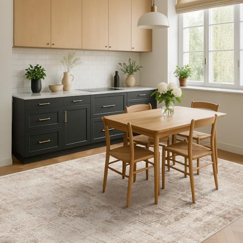 Image of Farmhouse Area Rugs for Living Room, 8x10 Washable Abstract Rug for Bedroom, Dining Room Under Table and Home Office, Ultra-Soft Low Pile Design, Stain Resistant (Beige / Brown), Distressed Design