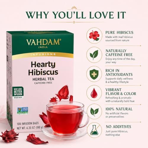 Image of VAHDAM, Hibiscus Tea (100 Tea Bags)| Caffeine Free, Non-GMO, Direct from Source, Eco-Friendly Individually Wrapped Tea Bags