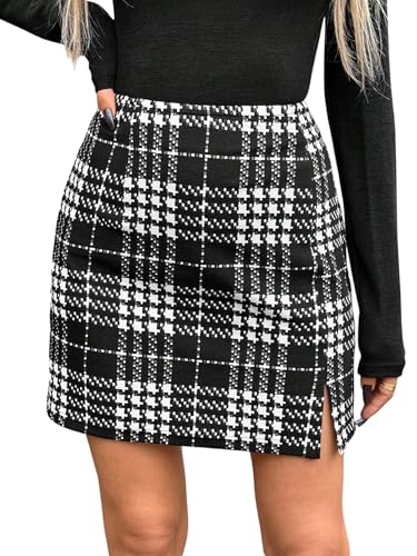 SOLY HUX Jupe courte élégante pour femme avec motif pied-de-poule rétro - Mini jupe de loisirs - Tenue de bureau - Jupe de Noël - Tenue de festival, Noir/blanc, L