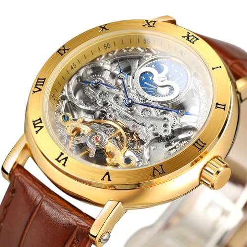 Image of FORSINING Men's Self Winding Automatic Watch Tourbillon Analog Skeleton Movement Moon Phase Wrist Watch with Genuine Leather Strap