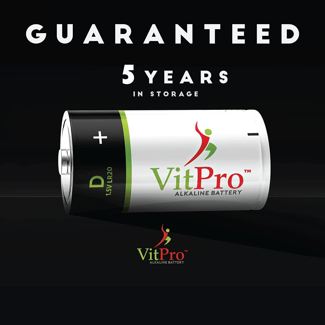 VitPro D Batteries | 4 Pack | All-Purpose Alkaline Batteries | 5-Years Shelf Life | Easy to Open | Premium Batteries (4 Pack)