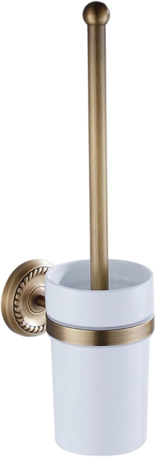 Toilet Brush and Holder Set 14.6in Brass Antique Wall Mounted Toilet Brush with Ceramic Cup Elegant Bathroom Essentials Bowl Bowl Cleaners and Holder