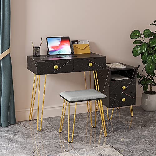 Makeup Vanity Desk Set With Lighted Mirror & Jewelry Cabinet,Dressing Table With 3 Color Lighting & Dimmable Mirror,2 Large Drawers,Jewelry Armoire Organizer,Cushioned Stool (B Type Black) #TOP4