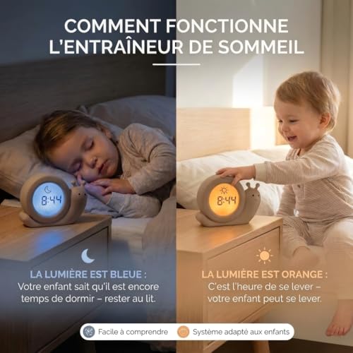 Alecto BC110BE Simon -Reveil Enfant, Reveil Enfant Educatif Jour/Nuit, Horloge Enfant Réveil éducatif pour Enfants - Veilleuse - Escargot, Taupe – vue 2