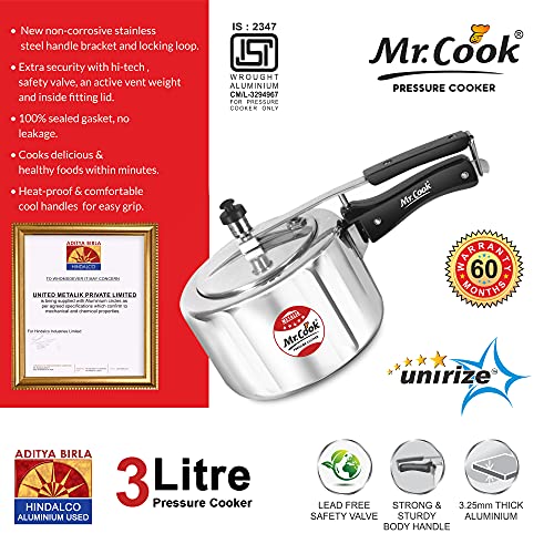 Image of MR COOK By United Metalik Regular Aluminium Non-Induction Pressure Cooker with Inner Lid, 3 Litre (Silver)