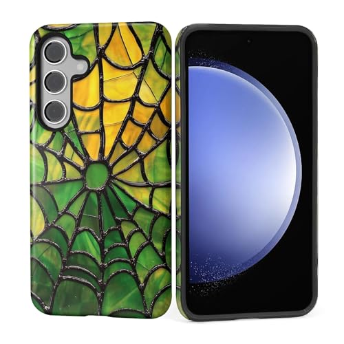 Coque Samsung S25 en verre teinté motif toile d'araignée verte antichoc double couche
