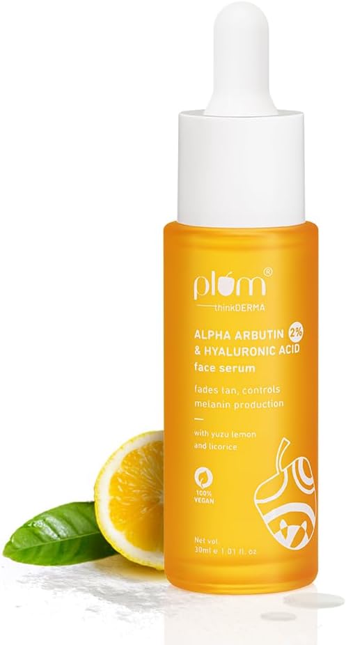 Plum 2% Alpha Arbutin & Hyaluronic Acid Face Serum | Fades Tan | Brightens Skin | Controls Melanin Production | with Yuzu Lemon & Licorice | Fragrance-Free | 100% Vegan | 30 ml