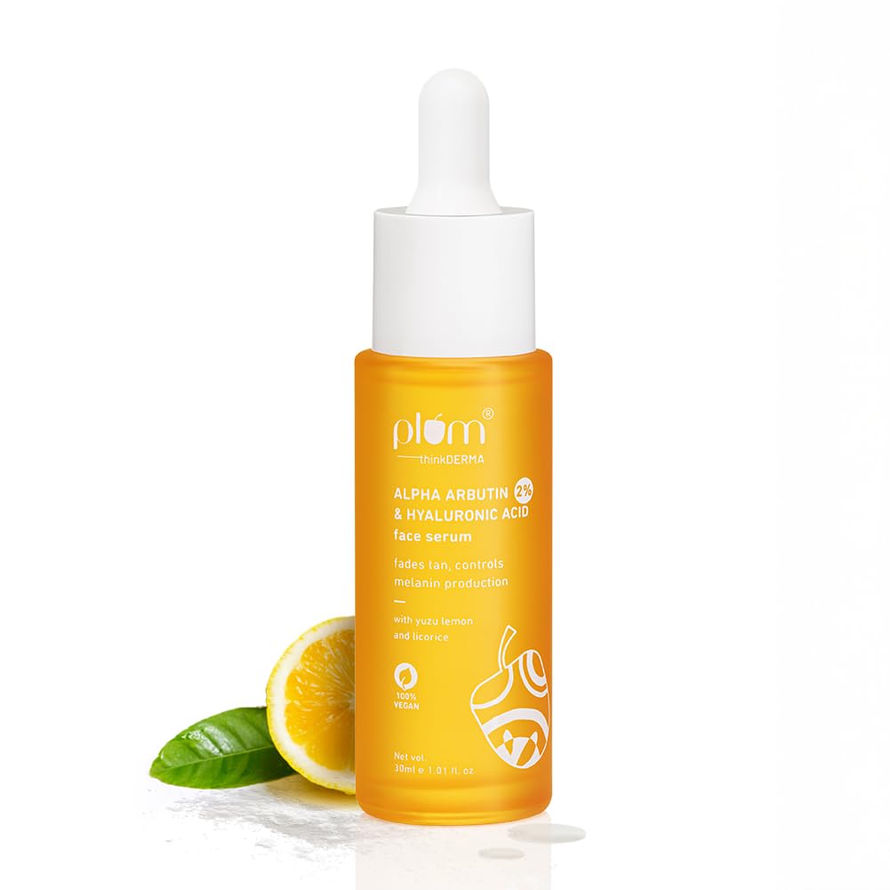 Plum 2% Alpha Arbutin & Hyaluronic Acid Face Serum | Fades Tan | Brightens Skin | Controls Melanin Production | with Yuzu Lemon & Licorice | Fragrance-Free | 100% Vegan | 30 ml