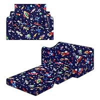 alldomess Comfy Kids Couch, 2-in-1 Folding Kids Sofa Bed for Toddler Boys, Convertible Sofa to Lounger Toddler Couch Chair for Baby Bedroom Playroom Nursery,Rockets