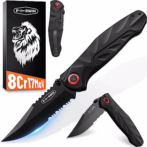 Perwin Pocket Knife, Edc Knife With 3.1" Serrated Clip Point Blade And Aluminum Handle Small Pocket Knives For Camping Fishing Hiking #TOP2