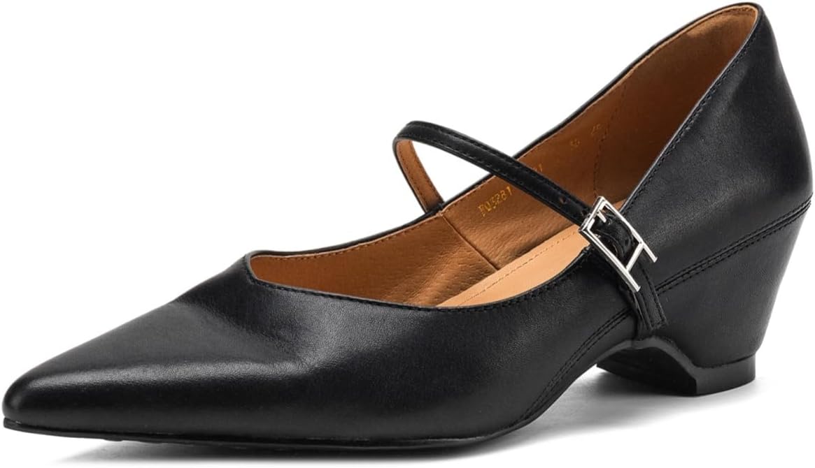 TinaCus Genuine Leather Handmade Buckle Women's Pointed Toe Chunky Heels Trendy Pumps Shoes