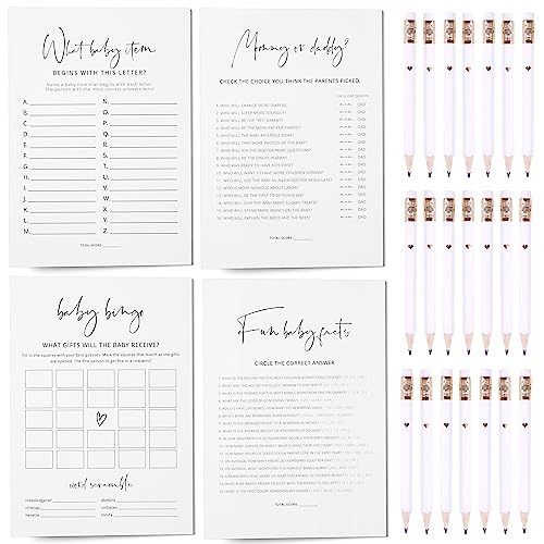 Baby Shower Games, Set of 4 Minimalist Baby Shower Games for 30 Guests, Boy or Girl, Double-Sided Cards, 30 Pencils (Minimalist)