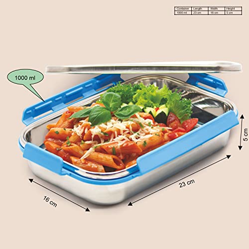 Image of SIGNORA WARE 1000ml King Compact Lunch Boxes for Men Women Kids with Steel Lid with Clip Lock /Air Tight Spill Proof /Food Grade Bpa Free Container for Office School (Rectangle | Blue | 1 litre)