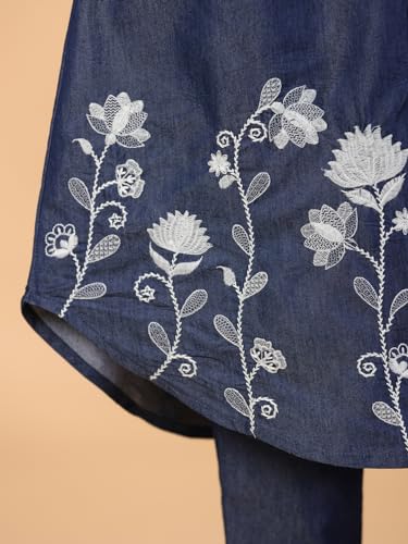 Image of SAVI Women's Blue Denim Embroidered Kurta | Round Neck Front Button A-Line Kurti with 3 /4 Sleeves | Ethnic Casual Wear