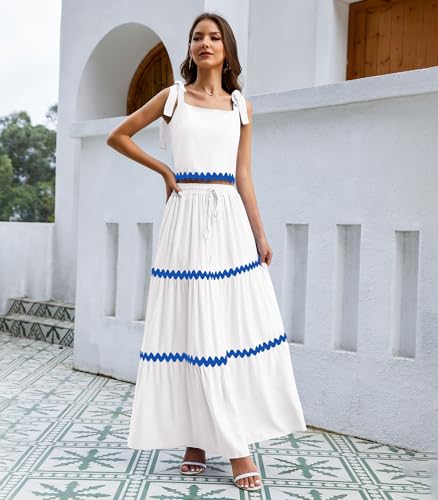 Image of Womens Two Piece Skirt Set 2024 Summer Sets Tie Up Sleeveless Tank Top Maxi Skirt Casual Beach Cruise Vacation Dresses Sundresses Outfits with Pockets White