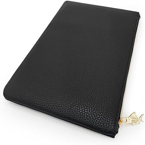Faux Leather Pencil Case - Leather Look Makeup Bag - Black with Gold Zip - Large