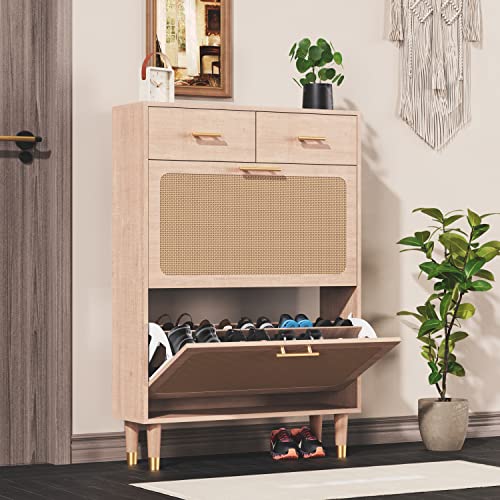 Wildhome Shoe Cabinet, 20 Pair Shoe Rack Storage Organizer, Freestanding Shoe Rack Storage Organizer With 2 Flip Door,Modern Tipping Bucket Shoe Cabinet For Entryway, Bedroom (Rattan-Rectangle, 43 In) #TOP3