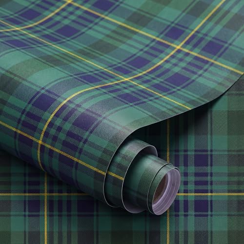 Drydiet Tartan Plaid Wallpaper Peel Stick Contact Paper 15.8 x 118.1in Vintage Green Plaid Wallpaper Self Adhesive Removable Wall Sticker Paper for Home Locker Dorm Classroom Bedroom Living Room Decor
