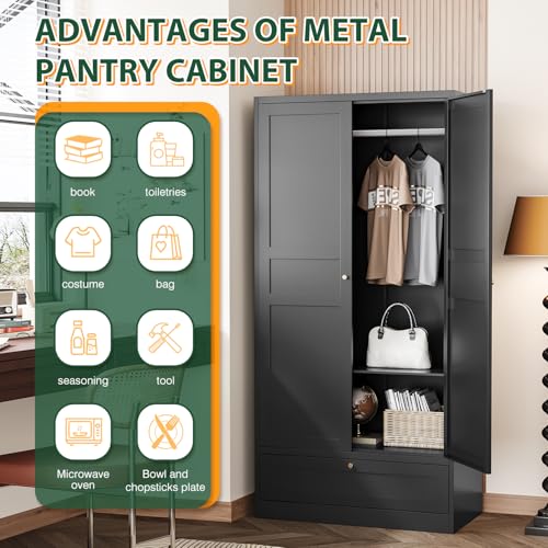 Image of Letaya Metal Wardrobe Cabinets,18 inch Deep Clothing Storage Cabinet with Doors and Shelves,for Home Room,Fire Department, School, Employee,Gym,Government (Black)